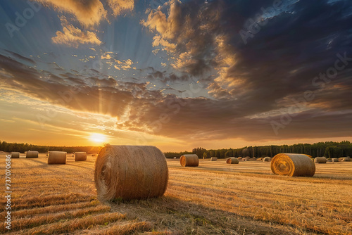 Golden sunset over freshly baled hay field. Capturing the rustic beauty of countryside agriculture. 