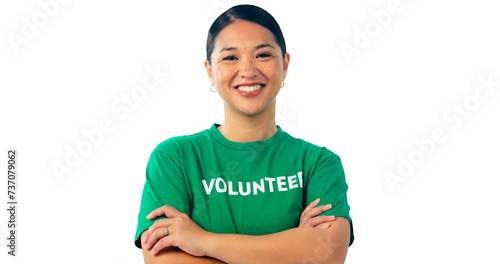 Woman, arms crossed and volunteer in portrait for charity, sustainability and climate isolated on png transparent background. Asian, smile and help at NGO for eco, nonprofit and social responsibility
