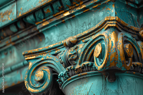 Detail of a classical column. Verdigris and gold. Background image. Created with Generative AI technology