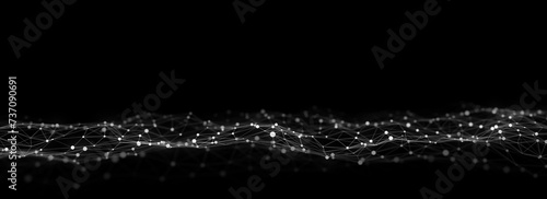 Dark cyberspace in digital background. Abstract technology wave with motion dots and lines. Connection big data. Futuristic wireframe texture. Analysis a network connection. 3D rendering.