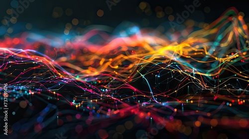 a dark illustration of a technical system with colorful lines connecting different flow states