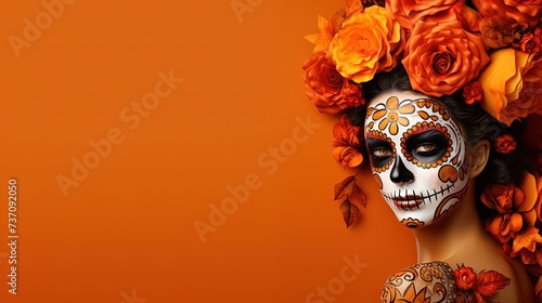 mexican day of the dead, creative on orange background copyspace, Generative AI