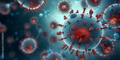 I illustration of blue and red dangerous round shaped viruses with bubbles against blurred background coronavirus coved 19 close up, 3d render.