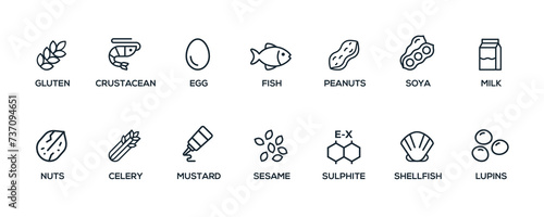 Simple Isolated Vector Logo Set Badge Ingredient Warning Label. Black and white Allergens icons. Food Intolerance. The 14 allergens required to declare written in english