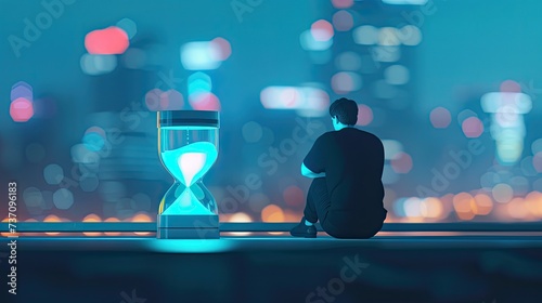 A digital hourglass set against a backdrop of a rapidly evolving cityscape, the sands flowing from tech innovation into a ticking time bomb at the bottom ::2 spectators around it, divided in their eag