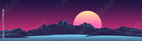 Abstract retro mountains on background of starry sky. 3D topographic map of terrain planet Earth. Vector grid landscape with lines and dot. Futuristic digital wireframe floor in style of 80s and 90s.
