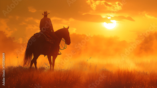 An iconic cowboy on horseback walks in solitude, his figure illuminated by the golden light of the setting sun.