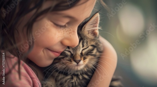 Kind kuschelt mit einer Katze. Liebevoll sein Haustier umarmen. Mädchen liebt Ihre Tigerkatze. 