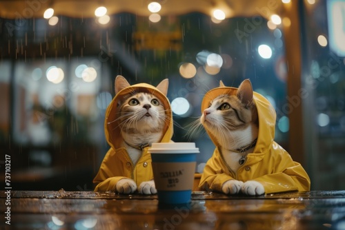Katzen im gelben Regenmantel sitzen in einem Cafe oder Bistro und warten darauf, dass der Regen aufhört. 