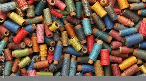 Colorful cotton threads arranged on tailor textile fabric background with various vibrant colors