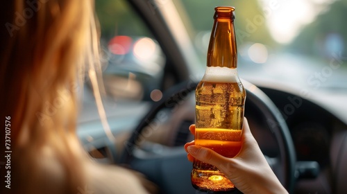Reckless behavior young woman driving under the influence of alcohol with bottle of beer in hand