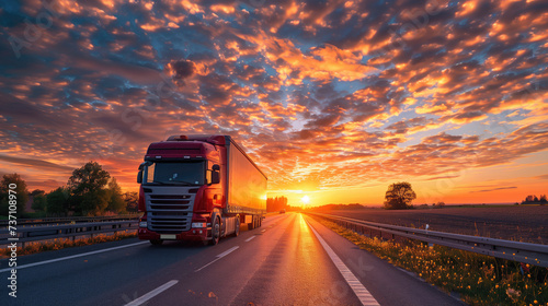 Semi-truck driving on a highway at sunrise with a dramatic sky above.