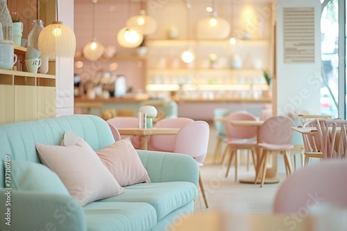 Elegant café interior, modern furniture, pastel tones with a dreamy blur effect, inviting and trendy