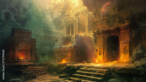 An ancient ruin bathed in soft ethereal light with glowing symbols etched into its walls