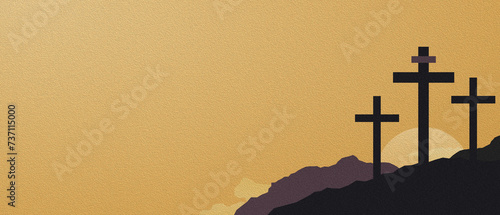 Symbolic Good Friday Banner. Lenten Season Holy Week Background. Three crosses illustration with grunge and paint design style. Setting sun behind hills. 