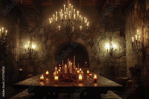 Candlelit Dinner in a Medieval-Inspired Setting Generative AI