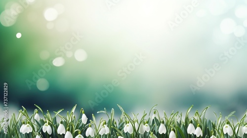 White first spring flowers on green background, mock up.Generative AI