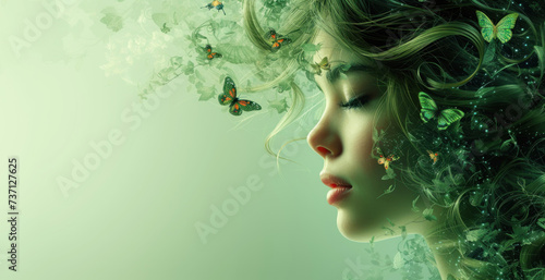 Tender dreamy female portrait with butterflies in her hair on a green background. Banner with place for text