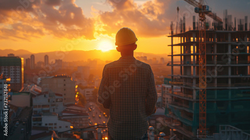 Young engineer looking at condominium construction work In the evening when the sun is setting