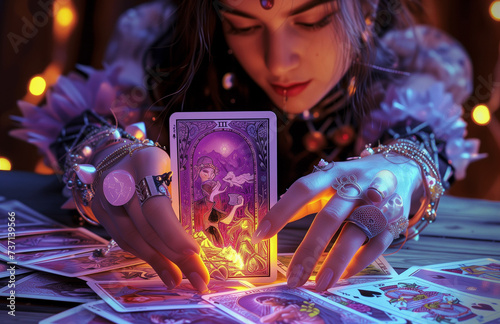Woman holding oracle tarot cards in purple tones with a mystical vibe. Image for fortune telling and mediumship. A candle lit in the background.