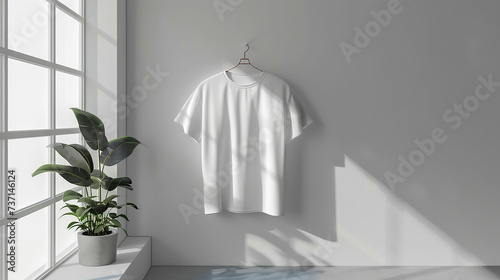 Front back view of plan white ringer t shirt mockup hanging on wall. Made with generative ai