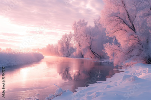 A small winter river and frosted trees, lit by the morning sun. Magnificent winter landscape in pink tones, with a river and trees, wrapped in hoarfrost.Belarus, Russia, Europe