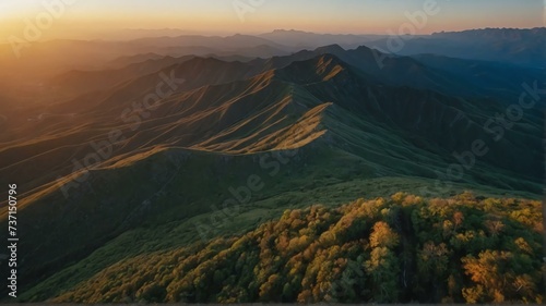 Landscape nature view of beautiful light sunrise over mountains, drone aerial shot top view from Generative AI