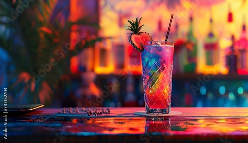 glass with colorful alcohol drink on bar counter, tropical exotic cocktail at nightclub