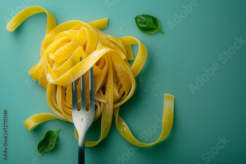 A tantalizing visual symphony of twirled tagliatelle on a fork, adorned with shavings of Parmesan and fresh basil leaves capturing the essence of exquisite Italian culinary artistry.