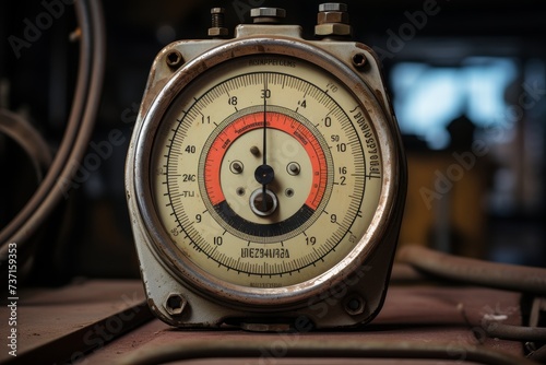 Close-up of a vintage altimeter instrument in an industrial setting, with a backdrop of weathered metal and complex machinery