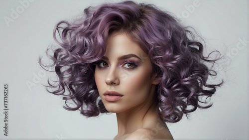 Purple haired woman with voluminous, shiny and curly flying hairstyle on plain white background from Generative AI