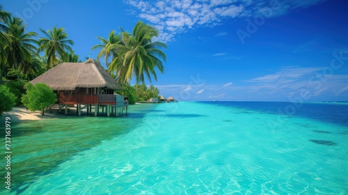a tropical beach with palm trees hut in the middle of the water blue sky with wispy clouds.
