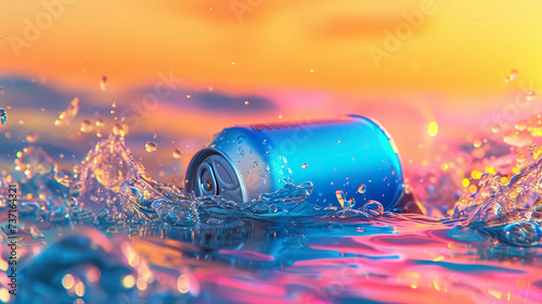 cold colorful metallic soda can in splashing water and with drops of condensate, fresh drink in liquid, advertising mock-up