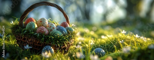 easter eggs with a basket in the grass