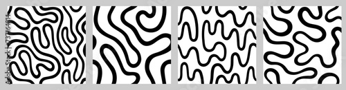 Wriggling line, fluid, curved, twisted endless stripe black white seamless repeat vector patterns set. Liquid organic ornaments, square backgrounds. Doodle, uneven hand drawn wavy, winding line