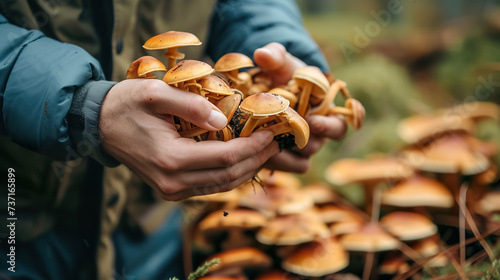 man picking mushroom in autumn forest, wild fungus harvesting at nature