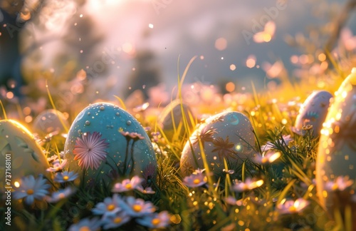colorful easter eggs on the grass and flowers