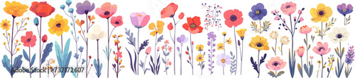 A vibrant panorama of stylized wildflowers and flora, artfully illustrated to bring a natural and artistic touch to any space. Modern flat vector illustrations isolated on white background