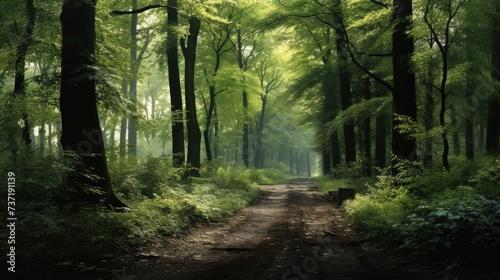 the green path through the woods in a forest