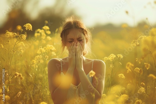 Sneezing Woman In Meadow Announces Onset Of Spring Allergies