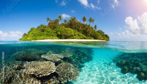 tropical island and coral reef split view with waterline