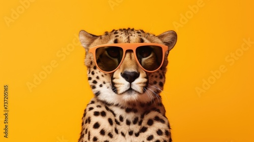 Creative animal concept. Cheetah in sunglass shade glasses isolated on solid pastel background, commercial, editorial advertisement, surreal surrealism