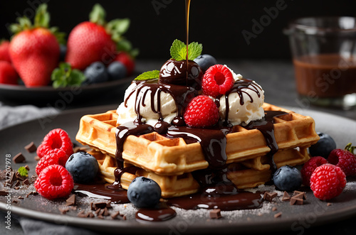 Tasty Belgian waffle with fresh berries served on a table