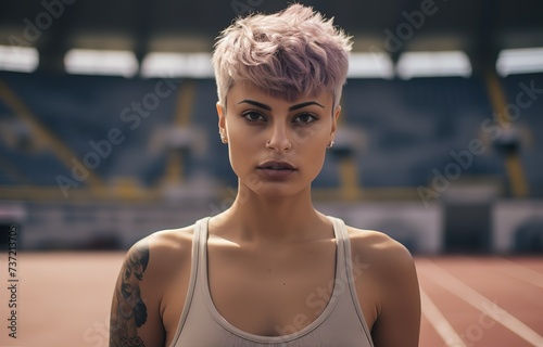 an athletic woman in sport filed stadium ready for training, Generative Ai