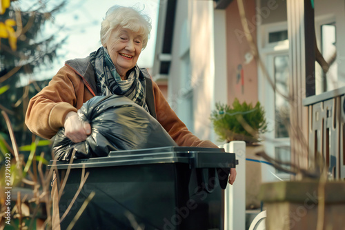 Elderly woman happily taking out garbage bag