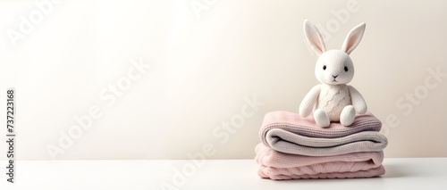 Peluche de conejo blanco sentado sobre ropa de lana. Pila de ropa de bebé con peluche de animal. IA.