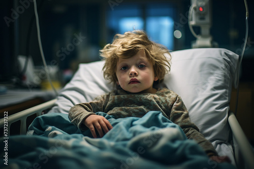 Generative AI photo of cute small boy lying in a hospital bed feeling bad and unwell