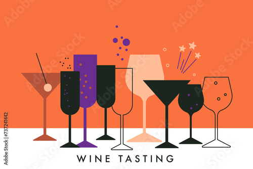 Set of vector flat glasses of wine. Cocktail, alcohol beverage, martini, champagne and sparkler. Abstract illustration for bar, cafe, restaurant menu design, event, party. Wine tasting concept