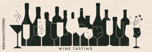 Wine tasting concept. Background with bottles, glasses of wine. Cocktail, alcohol beverage. Abstract vector illustration for bar, cafe, restaurant menu design. Modern vector elements in black white