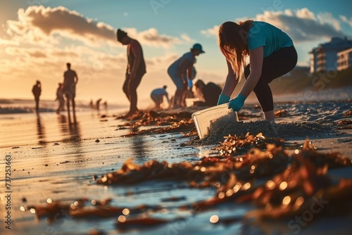 Candid scene of volunteers demonstrating commitment and teamwork while participating in a beach cleanup, an image of environmental responsibility and community, Generative AI